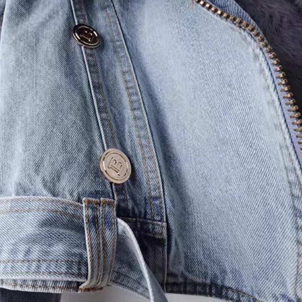 Denim Jacket With Faux Fur Warm Fur Collar Lined Denim Jacket Thicken - Picture 4 of 5